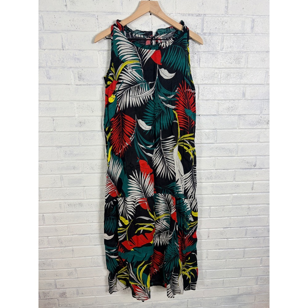 Piazza Del Tempio Linen Maxi Dress Women L Black Tropical Palm Print Italy